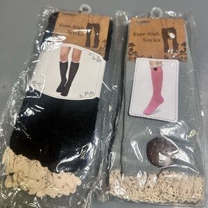 Elegant Lace Trim Knee-High Socks - Black and Blue